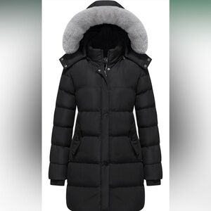 Elegant Black Puffer Coat with Faux Fur Hood
